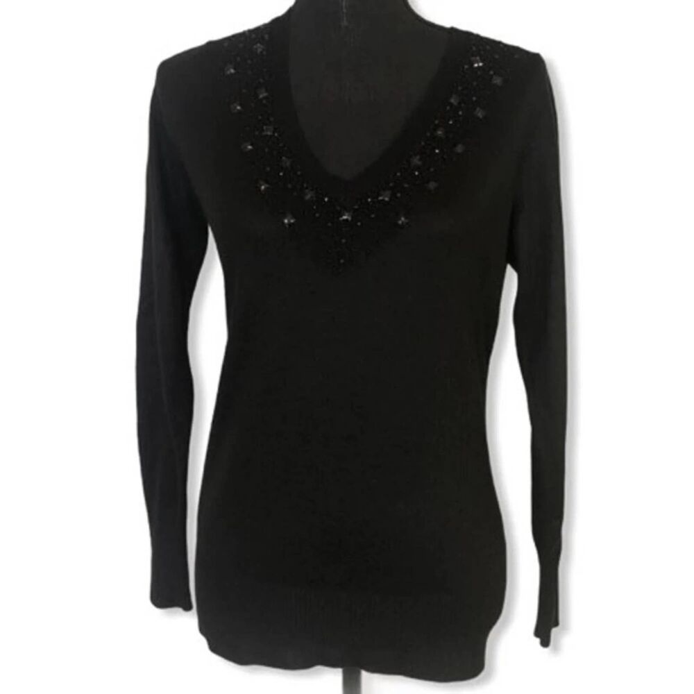 New York & Company Embellished V-neck Sweater Black Size S